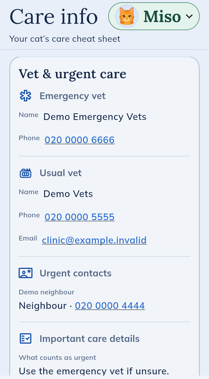 Care info for Miso, vet and urgent care: a demo emergency vet, a demo usual vet with phone and email, and a neighbour as urgent contact, all with tappable phone numbers.