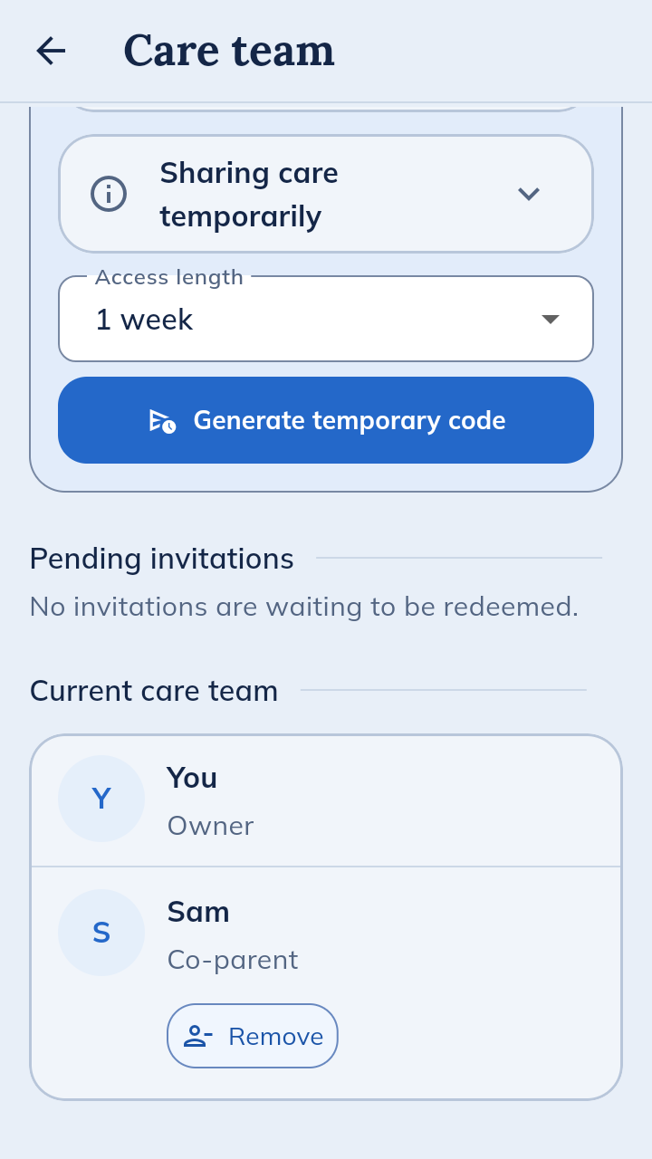 Care team: a temporary carer invite with access length set to 1 week and a Generate temporary code button. The current care team shows you as owner and Sam as co-parent.