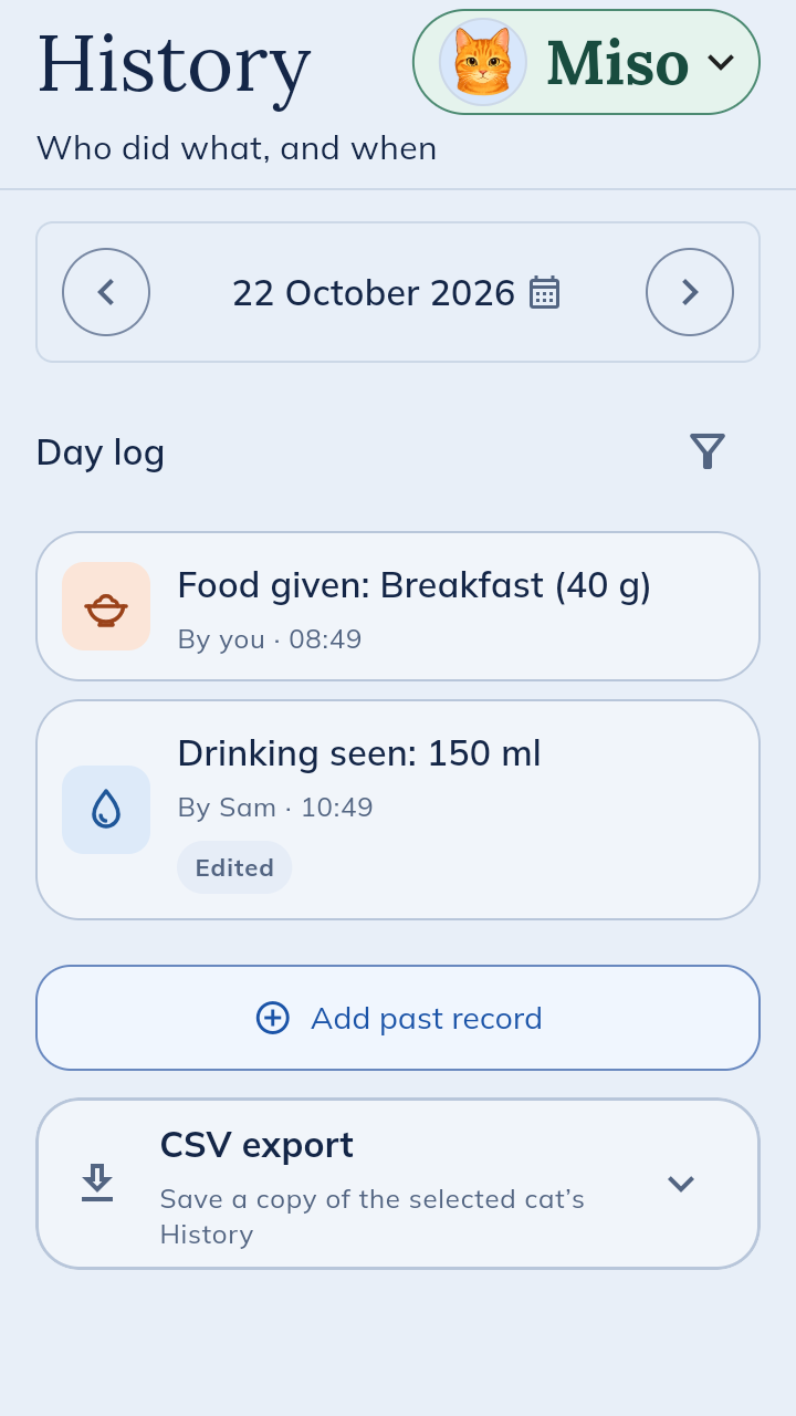 History for 22 October: breakfast of 40 g logged by you at 08:49, and drinking of 150 ml logged by Sam at 10:49 marked Edited. Below, Add past record and CSV export.