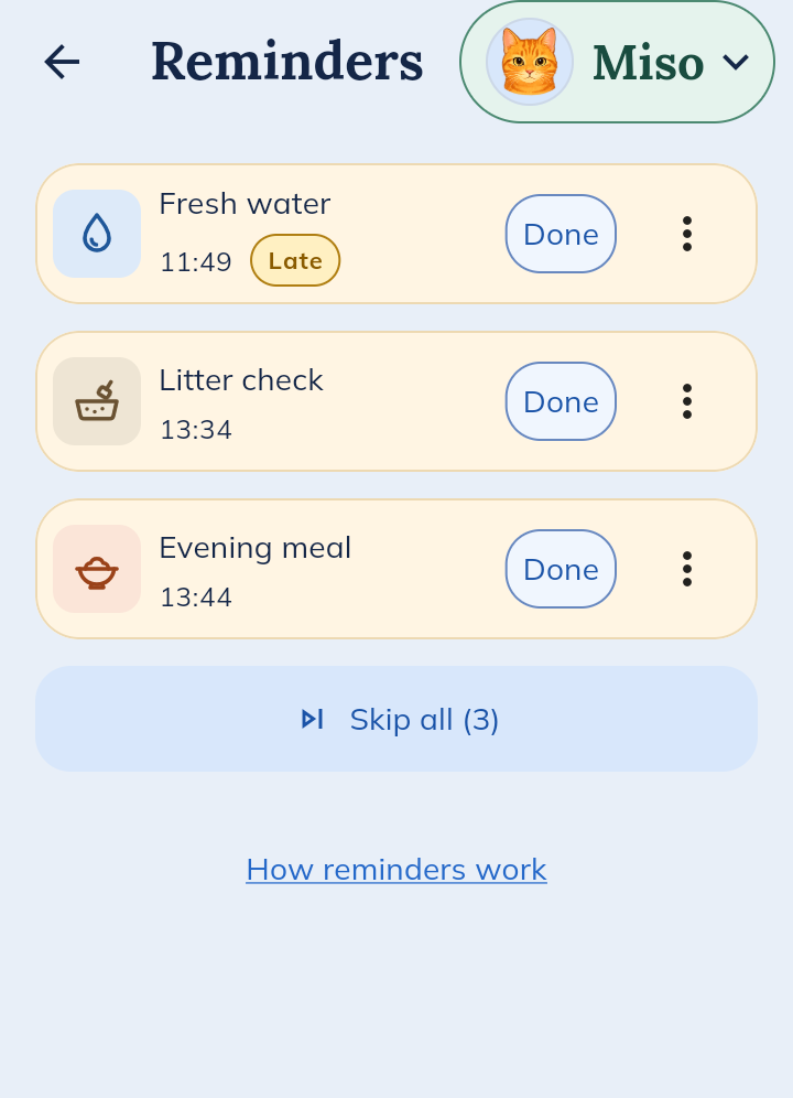 Reminders for Miso: fresh water marked late, litter check and evening meal, each with a Done button, then Skip all (3) and How reminders work.