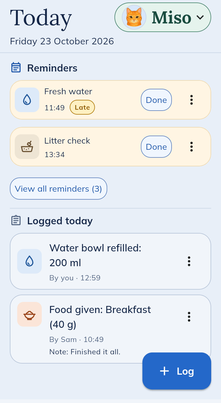Today for Miso: fresh water reminder marked late and a litter check due, each with Done. Below, logged today: water bowl refilled by you at 12:59, and breakfast of 40 g given by Sam at 10:49 with the note Finished it all.