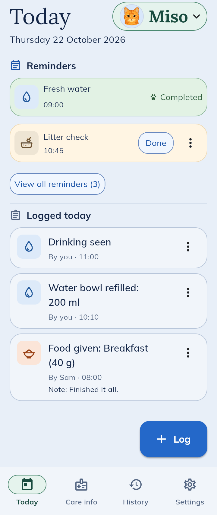 OurCat’s Today screen for Miso, a made-up cat: the 09:00 fresh-water reminder is completed and a litter check is due at 10:45. Below, today’s log: drinking seen and the water bowl refilled by you, and breakfast given by Sam at 08:00 with the note “Finished it all”.